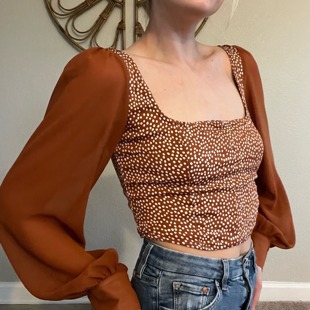 UO Lena Sheer Sleeve Square Neck Cropped Blouse